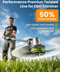 Person using an EGO trimmer with Four Pack Twisted Trimmer Line 0.095 Inch By 56 Feet For EGO Trimmers Replacement String in a yard.