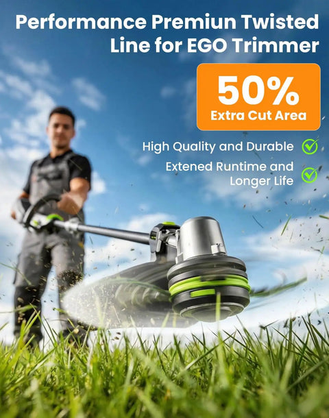 Person using an EGO trimmer with Four Pack Twisted Trimmer Line 0.095 Inch By 56 Feet For EGO Trimmers Replacement String in a yard.