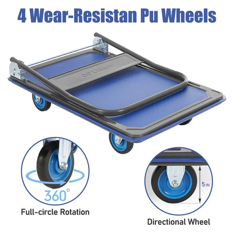 Foldable Push Cart Dolly With 600 Lb Capacity Heavy Duty Platform Truck 360 Degree Swivel Wheels blue steel cart, 5 in wheels