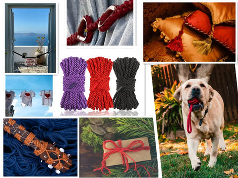 Collage featuring Three Pack Silk Look Rope 32 Ft Each 8mm Soft Braided Satin Rope Multi Color Black Red Purple in various uses