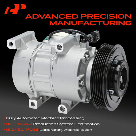 Top Shelf AC Compressor Assembly With Integrated Clutch Precharged PAG46 Lubricant, silver housing, six groove pulley, compact design.