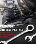 Mechanic using Compact 20-Piece Wrench Set With Metric And SAE Sizes Open End And Box End in a garage setting
