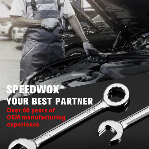 Mechanic using Compact 20-Piece Wrench Set With Metric And SAE Sizes Open End And Box End in a garage setting