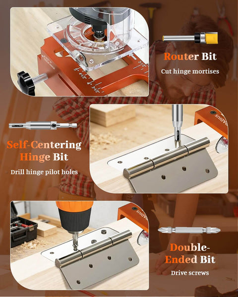 Pro Grade Aluminum Door Hinge Jig Router Template with tools for precise hinge installation on wood, CNC machined aluminum alloy.
