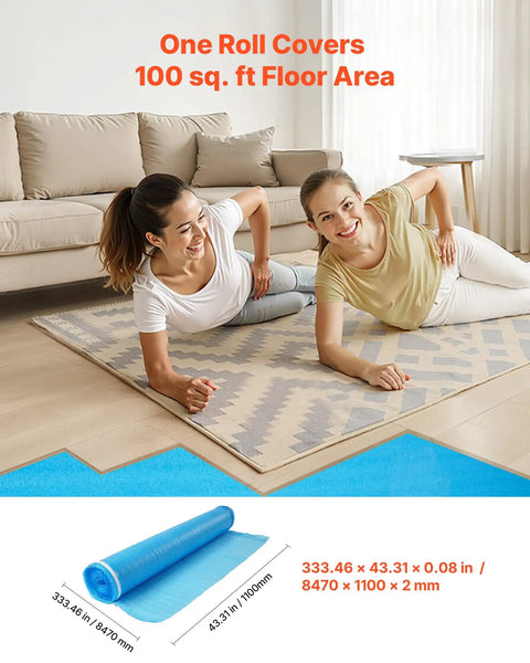 Rock Solid No Sweat Floor Underlayment 600 Square Feet 2 Mm Thick EPE Foam Padding With Vapor Barrier And Tape, two women with floor underlayment in a room.