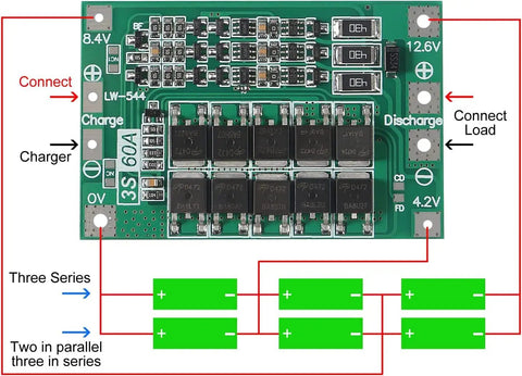 No Fuss Plug And Play 3S 60A Balance Charger Panel For 18650 Lithium Cell Packs with connection details and layout.