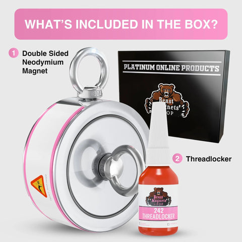 Front view of round white double-sided neodymium fishing magnet with lifting ring; pink trim beside threadlocker bottle and box.