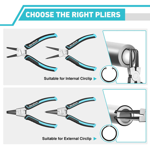 Heavy Duty Snap Ring Pliers Set Four Piece, Seven Inch Internal And External Circlip Pliers Kit usage diagram, premium CRV steel.