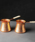 Two copper cezve from the Turkish Coffee Pot Cezve Set With 300ml Coffee Maker And Cup, Compact 11 By 8 By 8cm Turkish Brew Kit For Coffee Nerds