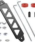 Universal 8.5 Inch Triangular Battery Hold Down Kit With Five Hole Bracket And J Bolts Aluminum Alloy Construction Tough As Nails Built To Last For Car SUV RV Battery Tie Down Mount Black. Image shows components including a black bracket, J-hooks, and mounting hardware.