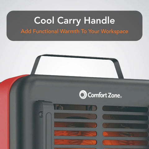 Milkhouse Style 1500W Electric Utility Heater For Workshops And Garages Portable Space Heater With Adjustable Thermostat Dual Heat Settings And Quiet Fan All Metal Heavy Duty Construction Yellow And Black close-up showing carry handle