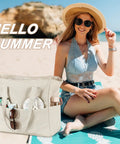 Beach scene with Waterproof Beach Tote Bag For Women Dope Ultra Roomy Extra Large Carry On With Wet Compartment, on towel
