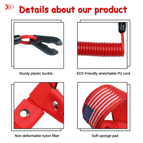 Close-up of 2 Pack Must Have Kill Switch Lanyard features: sturdy buckle, PU cord, nylon fiber, and sponge pad with flag.