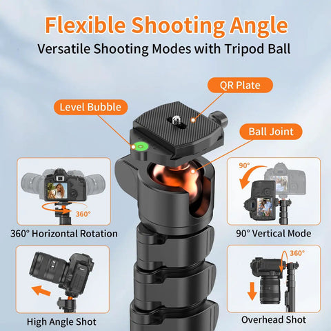 Flexible shooting angles on 75 Inch Extendable Camera Tripod With Remote Shutter And 360 Degree Ball Head for iPhone Canon DSLRs