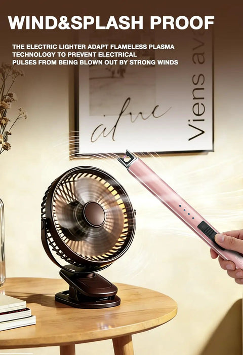 Electric USB Lighter For Candles And Outdoor Camping Rechargeable Arc Lighter in use, rose gold finish, windproof near fan