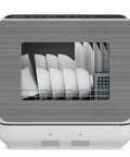 Compact countertop dishwasher with six cycles and Energy Star rating, showcasing full-size plates inside.