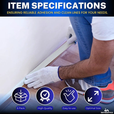Person applying Beige Painter Tape For Crisp Lines And Trim, 0.7 Inch By 60 Yards, along floor edge with gloved hand.