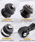 Four Piece Direct Fit Engine And Transmission Mount Kit For 3.6L V6 SUVs Including 2009 To 2017 Chevrolet Traverse, 2009 To 2016 GMC Acadia, Buick Enclave, And Saturn Outlook Replacement Replaces A5458 A5549 A5548 A5444 showing front, rear mounts, torque strut.