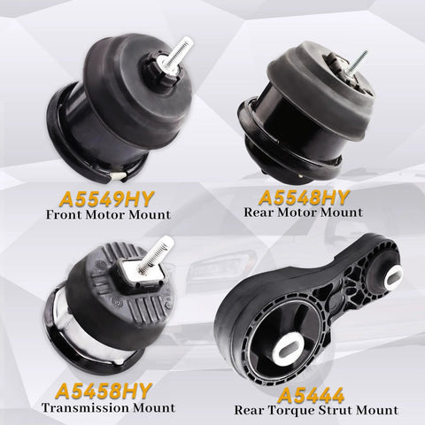 Four Piece Direct Fit Engine And Transmission Mount Kit For 3.6L V6 SUVs Including 2009 To 2017 Chevrolet Traverse, 2009 To 2016 GMC Acadia, Buick Enclave, And Saturn Outlook Replacement Replaces A5458 A5549 A5548 A5444 showing front, rear mounts, torque strut.