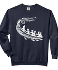 Cozy Hawaiian Tribal Outrigger Canoe Sweatshirt With Dope Polynesian Canoe Art In Maoli Style Perfect For Ocean Lovers Canoe Enthusiasts And Hawaii Fans Comfort Colors Adult Graphic Sweatshirt For Men, showing white canoe design on black cotton.