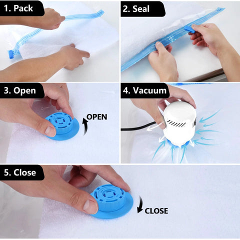 BAMCOO white electric vacuum pump with blue nozzle used to remove air from vacuum storage bags for travel.