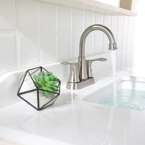 Swivel Spout Two Handle Brushed Nickel Bathroom Sink Faucet With Metal Pop Up Drain And Supply Lines, 360 Degree High Arc, water flow