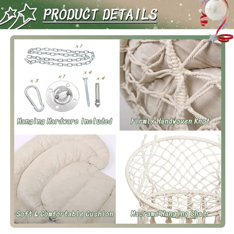 Cozy Macrame Hammock Chair With Thick Comfy Cushion And Hanging Hardware Kit Bohemian Cotton Rope Swing details