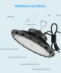300W UFO LED High Bay Light With 45000 Lumen Output, 5000K Daylight, 5ft UL Cable, showcasing construction details