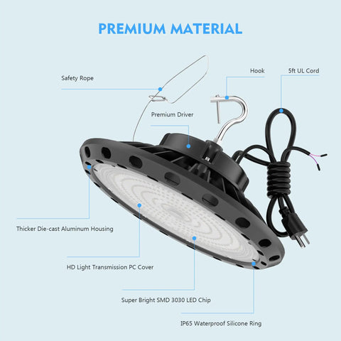 300W UFO LED High Bay Light With 45000 Lumen Output, 5000K Daylight, 5ft UL Cable, showcasing construction details