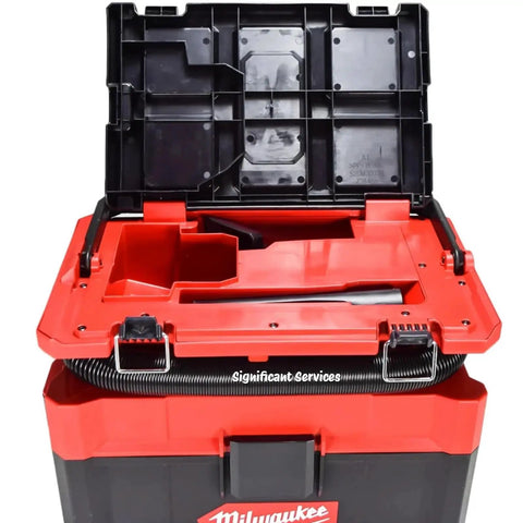 Heavy Duty 2.5 Gallon Cordless Wet And Dry Shop Vacuum Delivering 87 DB Whisper Quiet Runtime And Badass Suction For Fast Debris Clearing On Any Job Site, with open lid showing interior compartments.