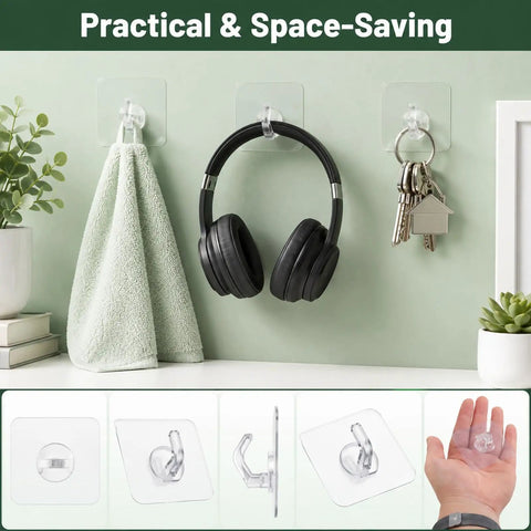 Clear Adhesive Hooks Zero Drama Strong Grip for Shower Wall Organizers No Damage Pegs Bathroom Storage 12 Pieces with headphones and towel.