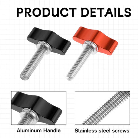 Product details of Four Pack 1/4-20 Thumb Screws With Wing Knobs, Aluminum Knobs and Stainless Steel Threads, red and black