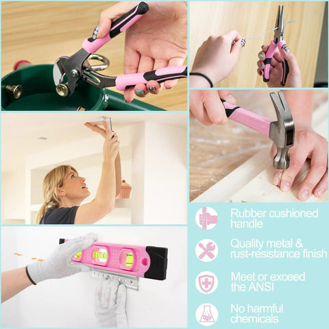 Collage showing 269 Piece All-In-One Home Tool Set with Storage Bag for DIY Projects and Everyday Home Maintenance Pink Includes Hammer Level Tape Measure Pliers Screwdrivers CR-V Bits Wrenches Scissors Utility Knife Hex Keys and Hardware in use.