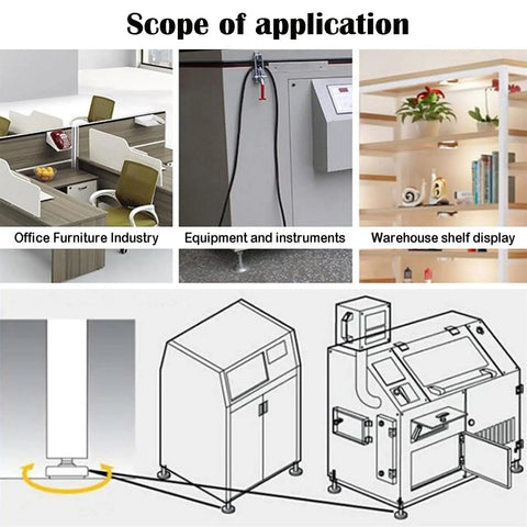 Scope of application for Tough As Nails Heavy Duty Adjustable Furniture Leveling Feet in office, equipment, and shelves.