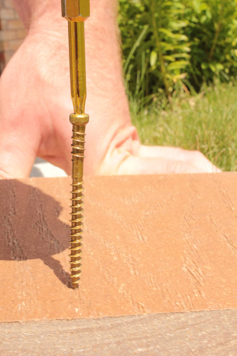 Exterior Trim Screws For Composite And Cellular PVC 725 Count 8 By 2 Inches Smallest Trim Head installed in decking