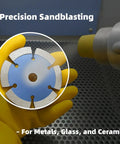 Yellow-gloved hand holds disc for sandblasting with Brown Fused Alumina Blasting Media For Metal Glass And Ceramic Surfaces 80 100 120 220 Grit.