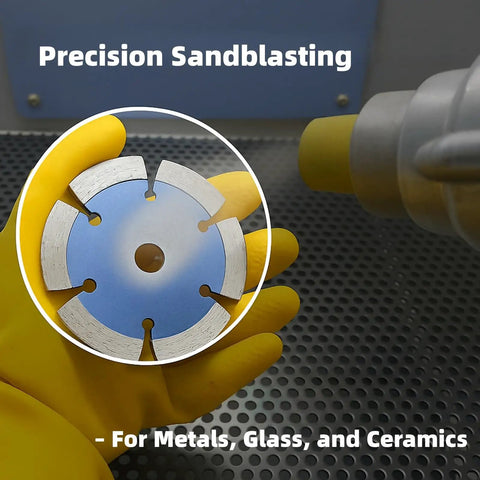 Yellow-gloved hand holds disc for sandblasting with Brown Fused Alumina Blasting Media For Metal Glass And Ceramic Surfaces 80 100 120 220 Grit.
