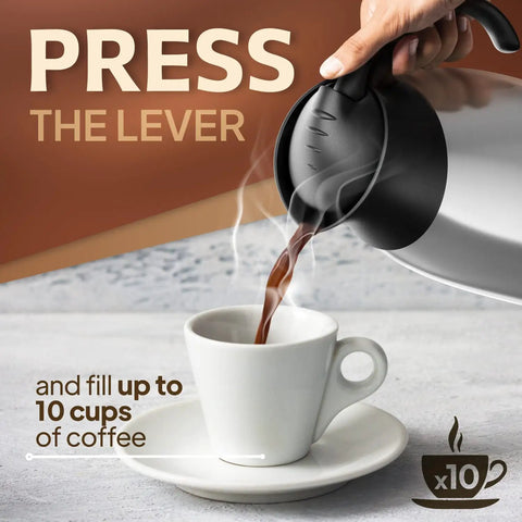 Hand pouring coffee from Thermal Insulated Coffee Carafe Pitcher 51 Oz Vacuum Double Walled Stainless Steel Thermos into cup