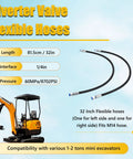 Two 32-inch excavator diverter valve hoses with 1/4in M14 fittings for mini excavators
