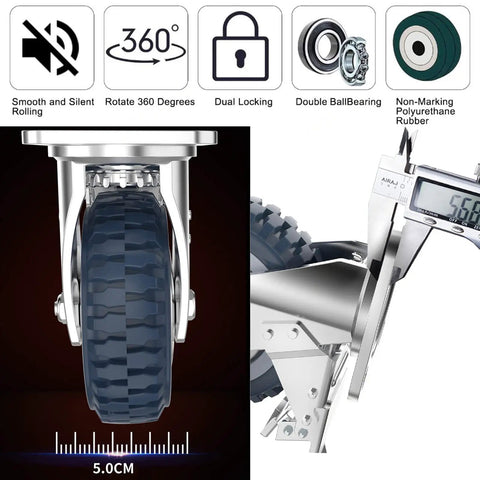 Heavy Duty Swivel Caster Wheel With Brake, 4 Inch Non Slip Rubber, Steel Plate, 450Kg Load, for Warehouses and Factories