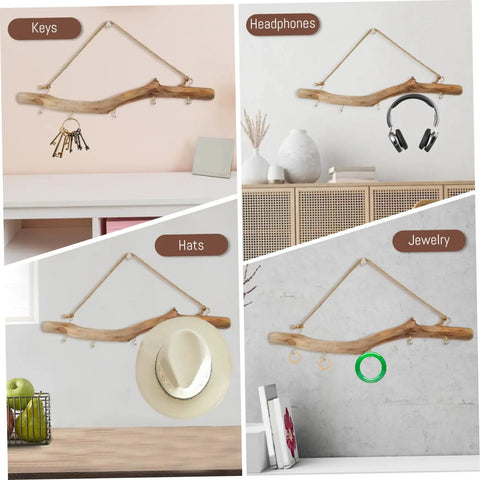 Badass 16 Inch Natural Wood Wall Hooks Featuring Five Curved Prongs for keys, hats, headphones, and jewelry in various settings.