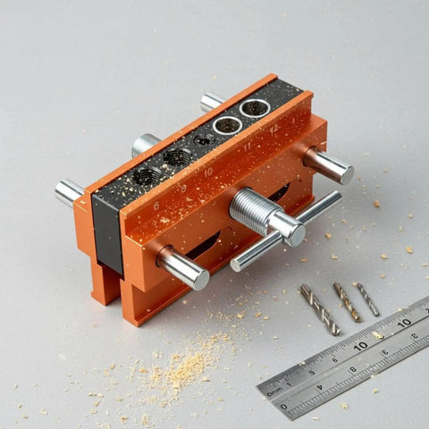 Vertical Hole Opener Dowel Jig Drill Guide Clamp Alloy Body Extended Model with drill bits and ruler on work surface.