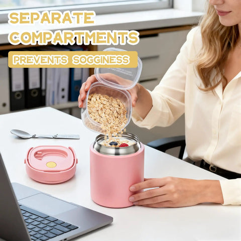 20oz Leak Proof Insulated Lunch Bowl With Wide Mouth Stainless Steel Thermos Jar Keeps Soups And Meals Hella Warm All Day Long Smooth Grab And Go Meal Prep Container For Kids And Adults Pink with detachable snack tray.