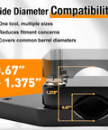 Heavy Duty Aluminum Barrel Vise Tool Built Like A Tank With Cowhide Leather Inserts For Dead Nuts Secure Rifle Maintenance Non Marring Clamp Fits 0.67 To 1.375 Inch OD showing wide diameter compatibility scale.