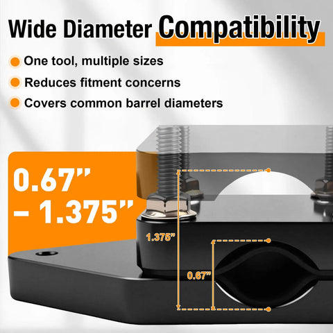 Heavy Duty Aluminum Barrel Vise Tool Built Like A Tank With Cowhide Leather Inserts For Dead Nuts Secure Rifle Maintenance Non Marring Clamp Fits 0.67 To 1.375 Inch OD showing wide diameter compatibility scale.