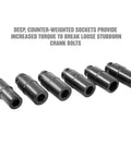 Beefy Built Tough Harmonic Balancer Puller Socket Set, 17-27mm deep sockets, shown in a row, chrome moly steel, 1/2 inch drive.