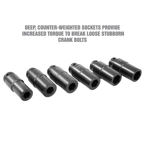 Beefy Built Tough Harmonic Balancer Puller Socket Set, 17-27mm deep sockets, shown in a row, chrome moly steel, 1/2 inch drive.