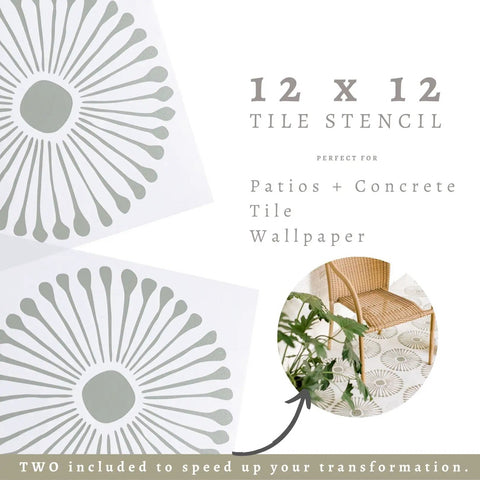 Reusable 12x12 Tile Stencil Set 2 Pack For Floors Walls And Concrete, Large Boho Mandala Templates shown with patio decor.