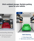 Before and after comparison showing garage with freestanding shelving vs Heavy Duty Garage Wall Shelving Kit installed