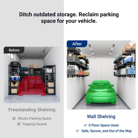 Before and after comparison showing garage with freestanding shelving vs Heavy Duty Garage Wall Shelving Kit installed